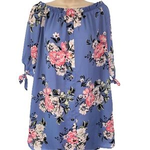 RUE21 Blue Floral Off Shoulder Tunic Dress Sz3x Tie Sleeves+Belt (optional)